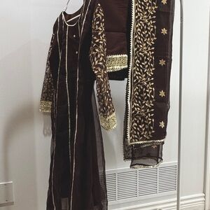 Elegant Brown and Gold Embroidered Desi Suit